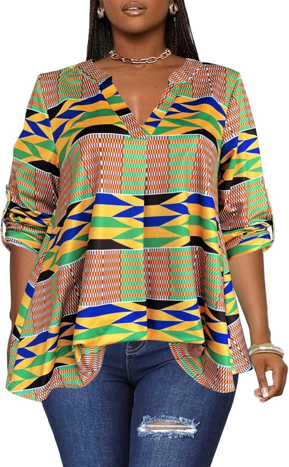 Afibi African-Inspired V-Neck Long Sleeve Tunic - Image 1