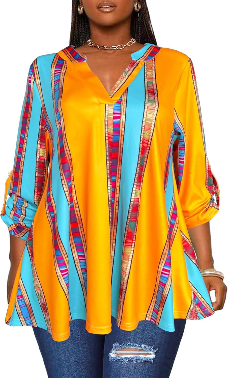 Afibi African-Inspired V-Neck Tunic Top - Image 1