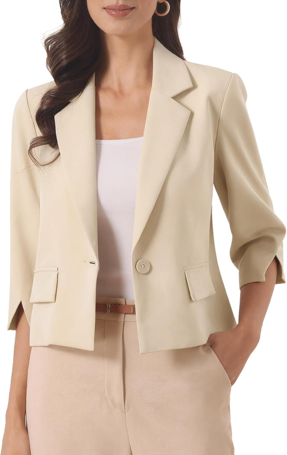 Allegra K Cropped Office Blazer - 3/4 Sleeve One Button Jacket - Image 1