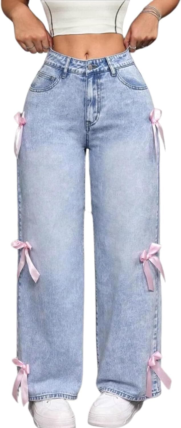 PEAINJ High-Waisted Bow Detail Baggy Jeans - Aesthetic Denim - Image 1