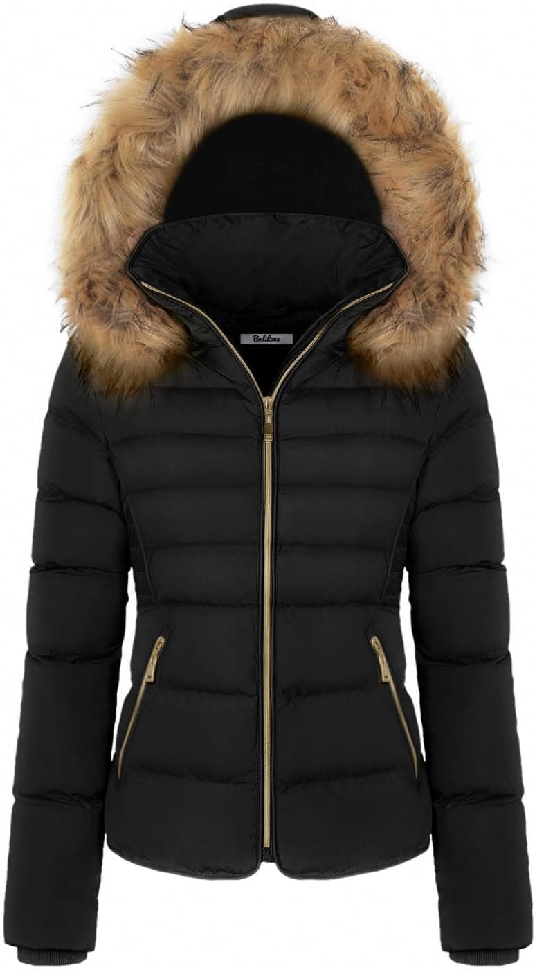 BodiLove Faux Fur Hooded Puffer Jacket - Fleece Lined Winter Coat - Image 1