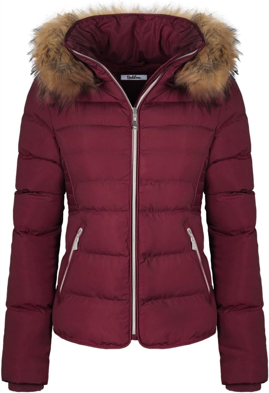 BodiLove Burgundy Faux Fur Hood Puffer Jacket - Image 1