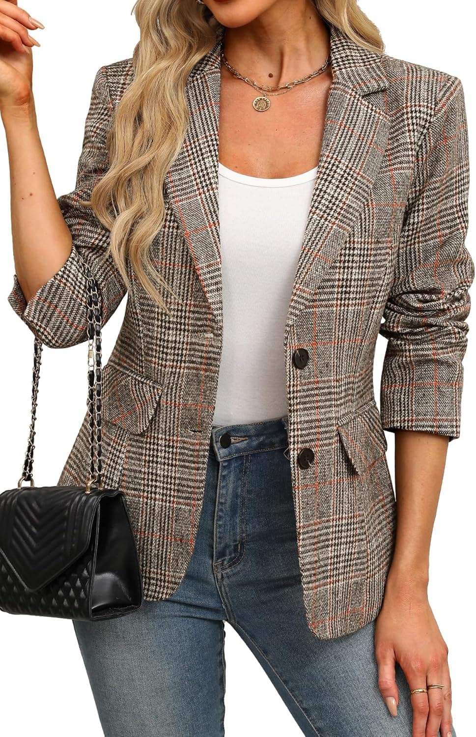 ELLEVEN Houndstooth Boyfriend Blazer - Classic Plaid Power Jacket - Image 1