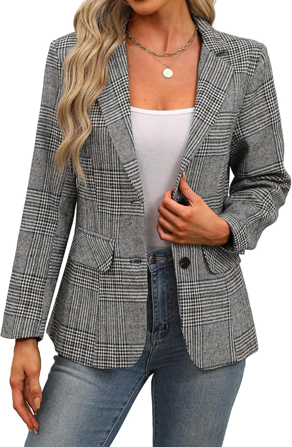 ELLEVEN Houndstooth Boyfriend Blazer - Classic Plaid Work Jacket - Image 1