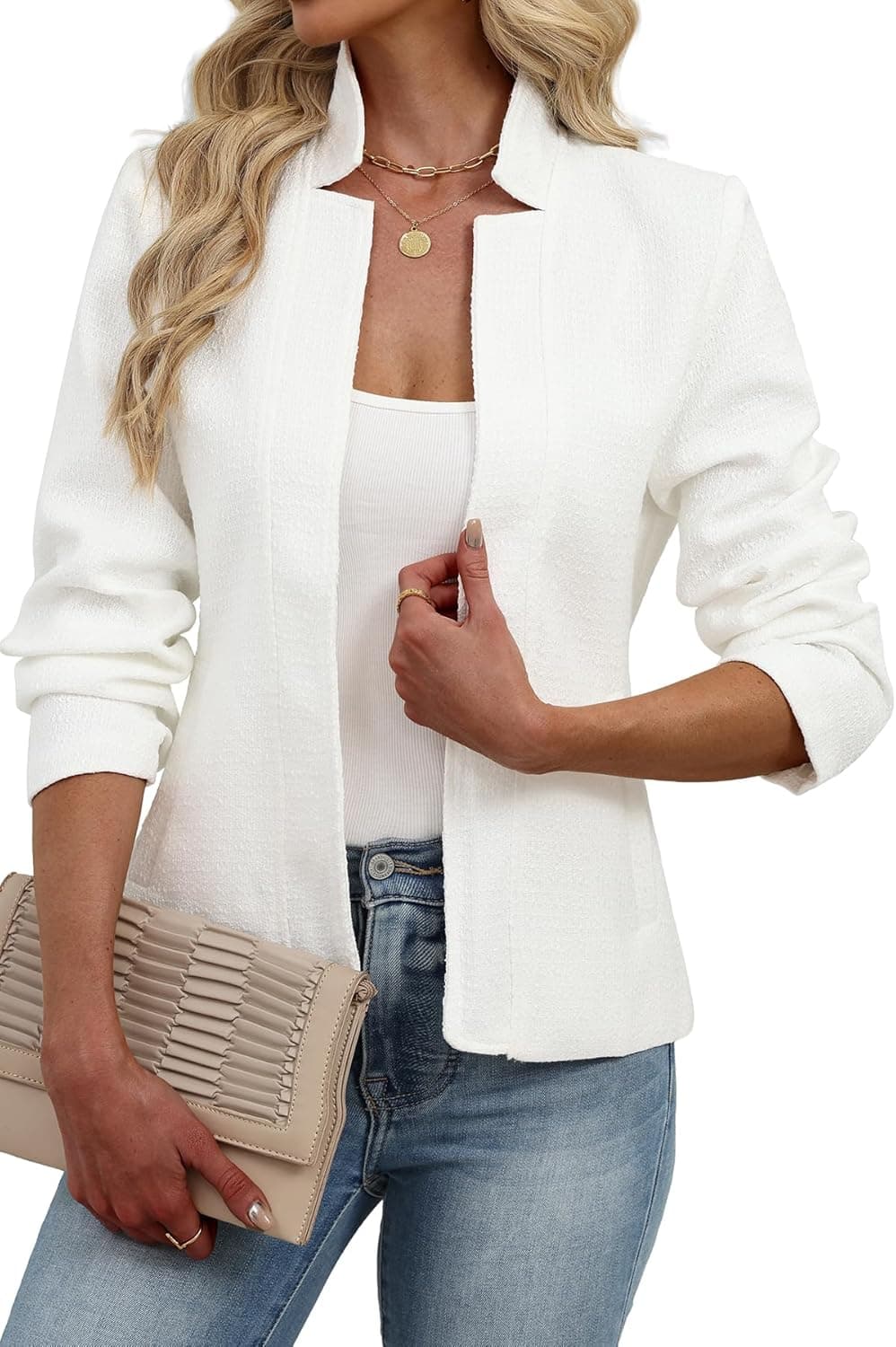 ELLEVEN Tweed Open Front Blazer - Professional Long Sleeve Jacket - Image 1