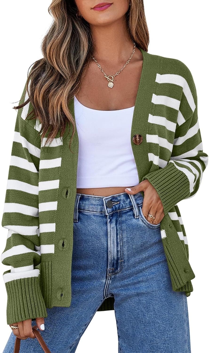 EVALESS Striped V-Neck Button Cardigan - Lightweight Knit - Image 1