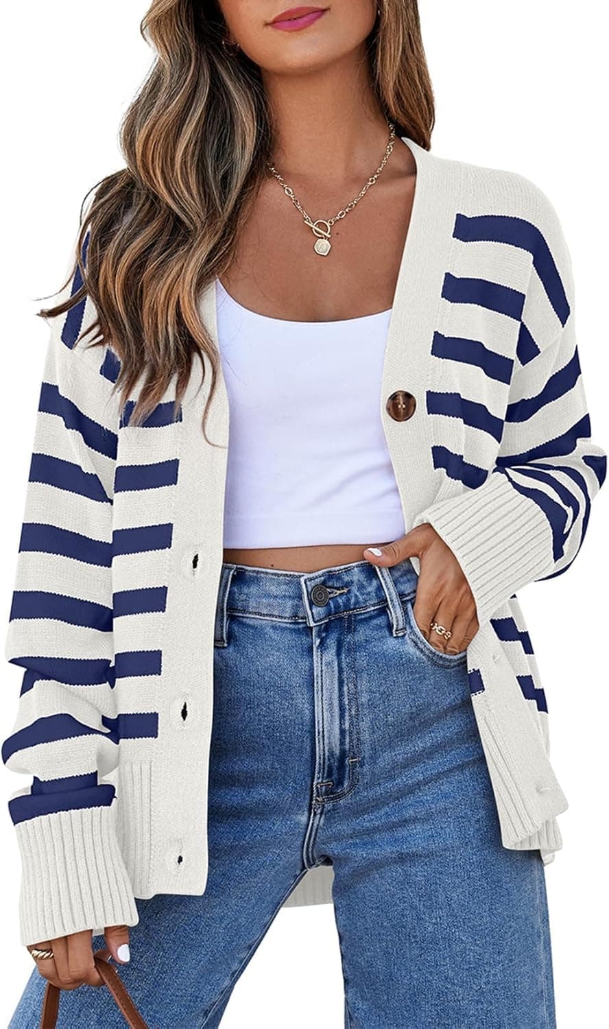 EVALESS Striped V-Neck Button Cardigan - Image 1