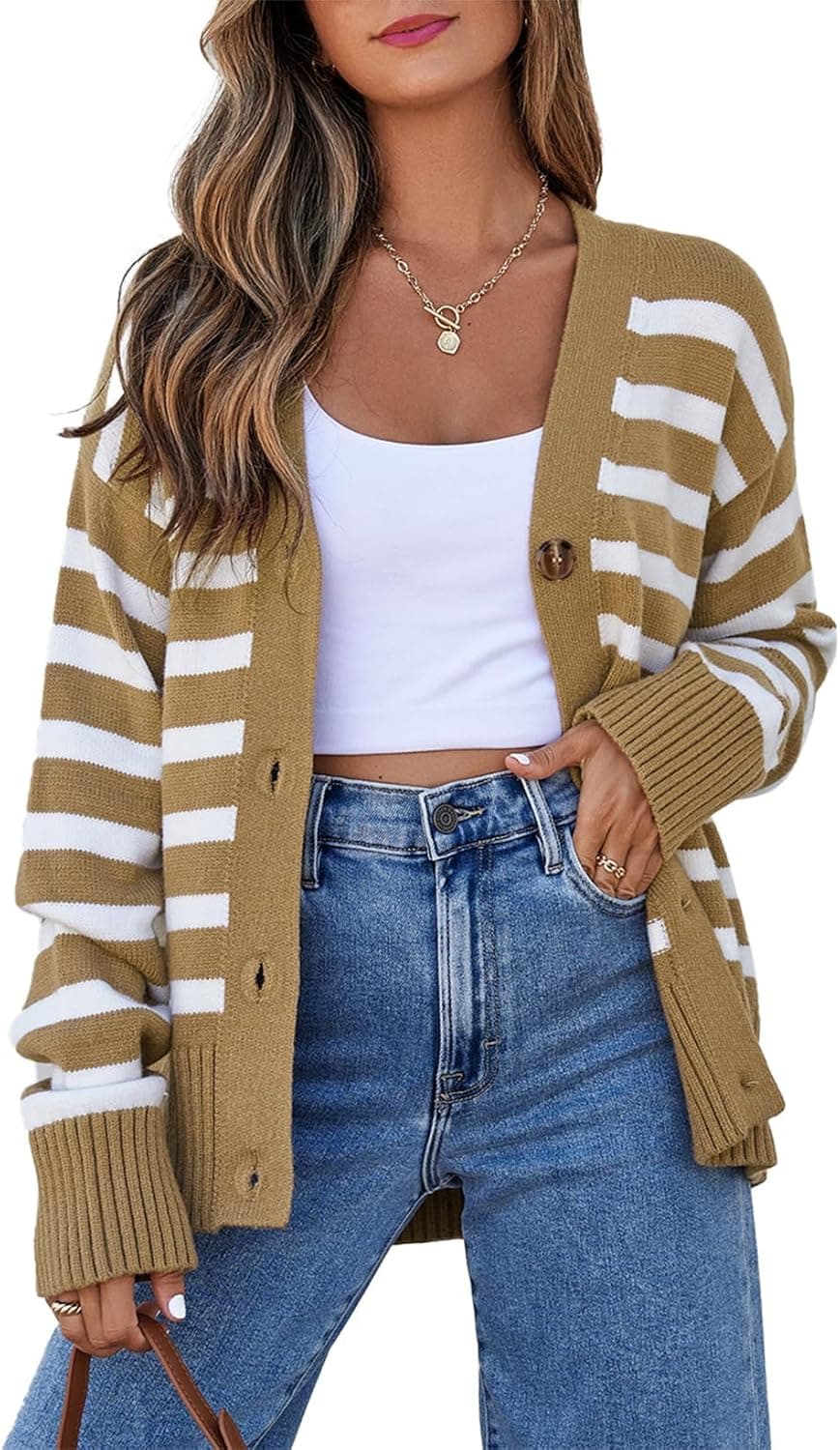 EVALESS Striped V-Neck Button Down Cardigan - Image 1