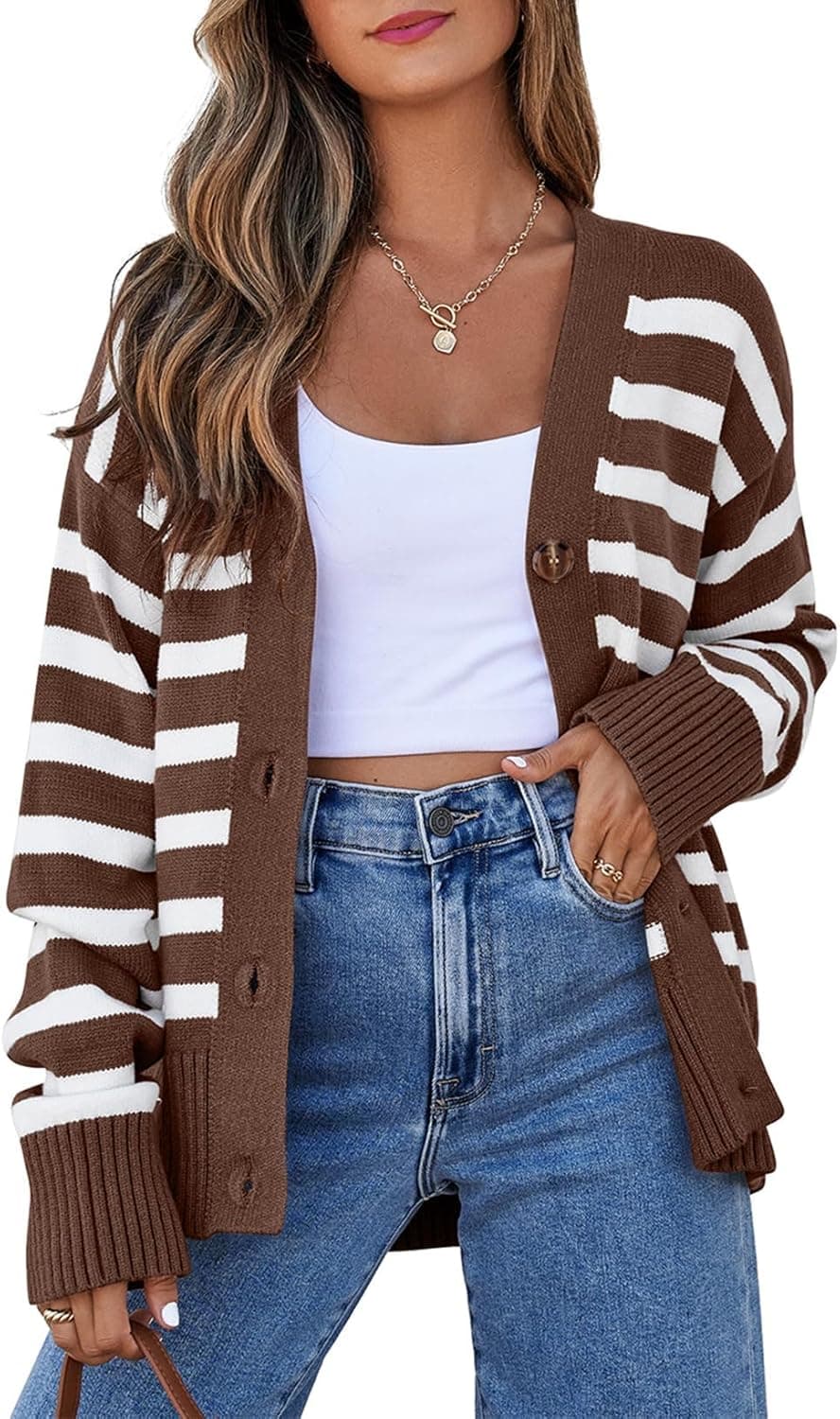 EVALESS Striped V-Neck Button Cardigan - Lightweight Knit - Image 1