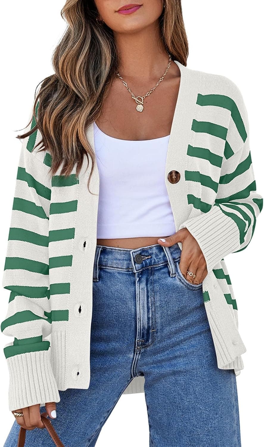 EVALESS Striped V-Neck Button-Down Cardigan - Image 1