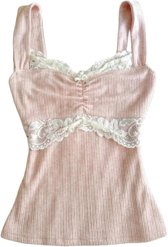 Amiblvowa Romantic Lace-Trim Camisole Tank with Ruched Detail - Image 1