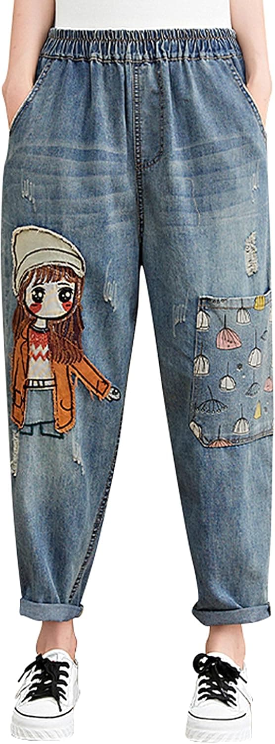 LAI MENG FIVE CATS Relaxed Fit Denim Jeans with Elastic Waist - Image 1