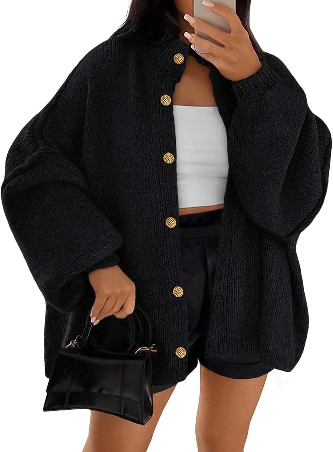 LILLUSORY Oversized Chunky Knit Button Cardigan - Lantern Sleeve - Image 1