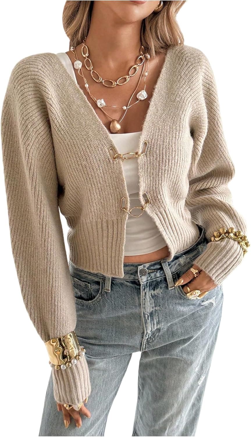 MakeMeChic Cropped Cardigan with Cut-Out V-Neck Detail - Image 1