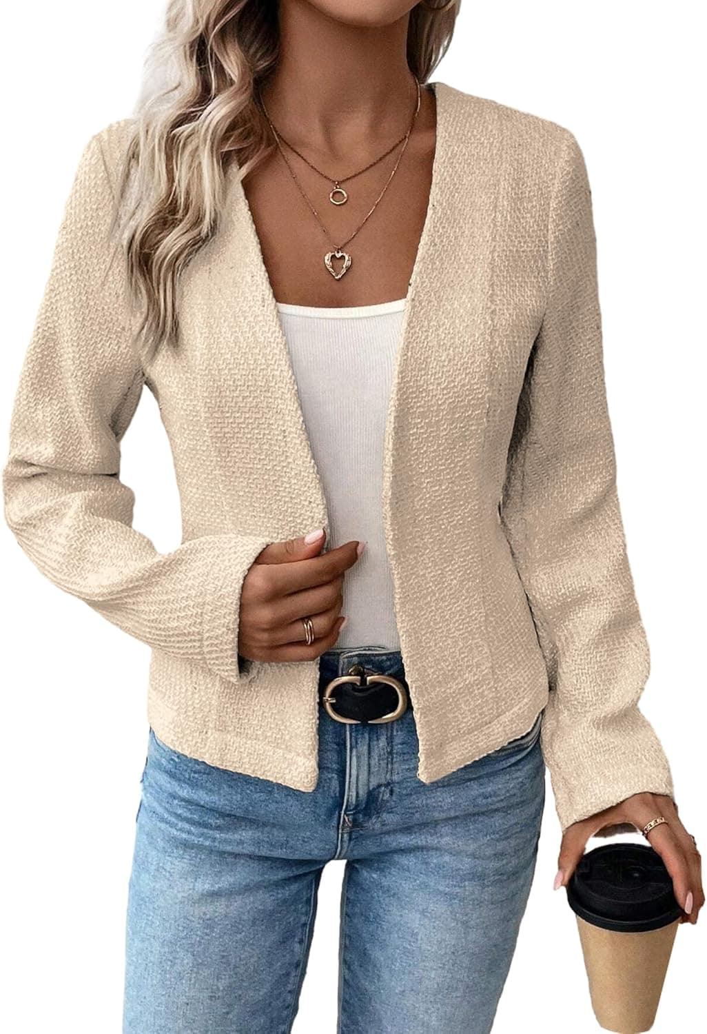 Mina Self Collarless Tweed Blazer - Elegant Open Front Jacket - Image 1