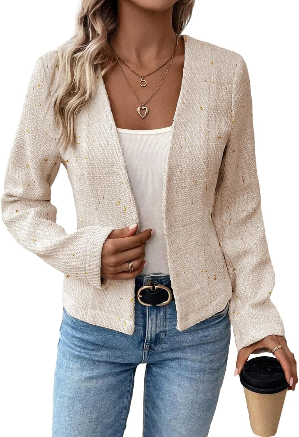 Mina Self Collarless Tweed Blazer - Open Front Lined Jacket - Image 1