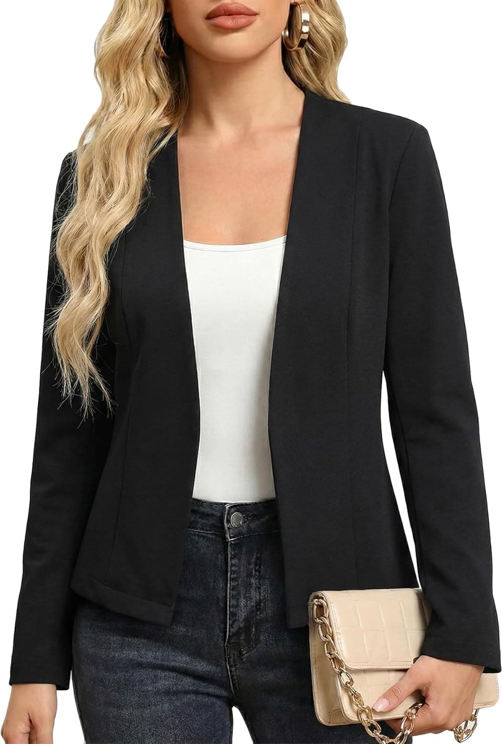 Mina Self Collarless Tweed Blazer - Open Front Lined Jacket - Image 1