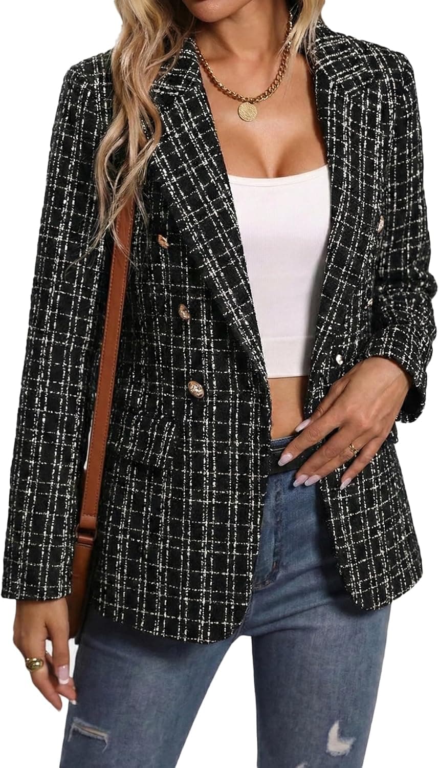 Mina Self Tweed Plaid Blazer - Black Professional Jacket - Image 1