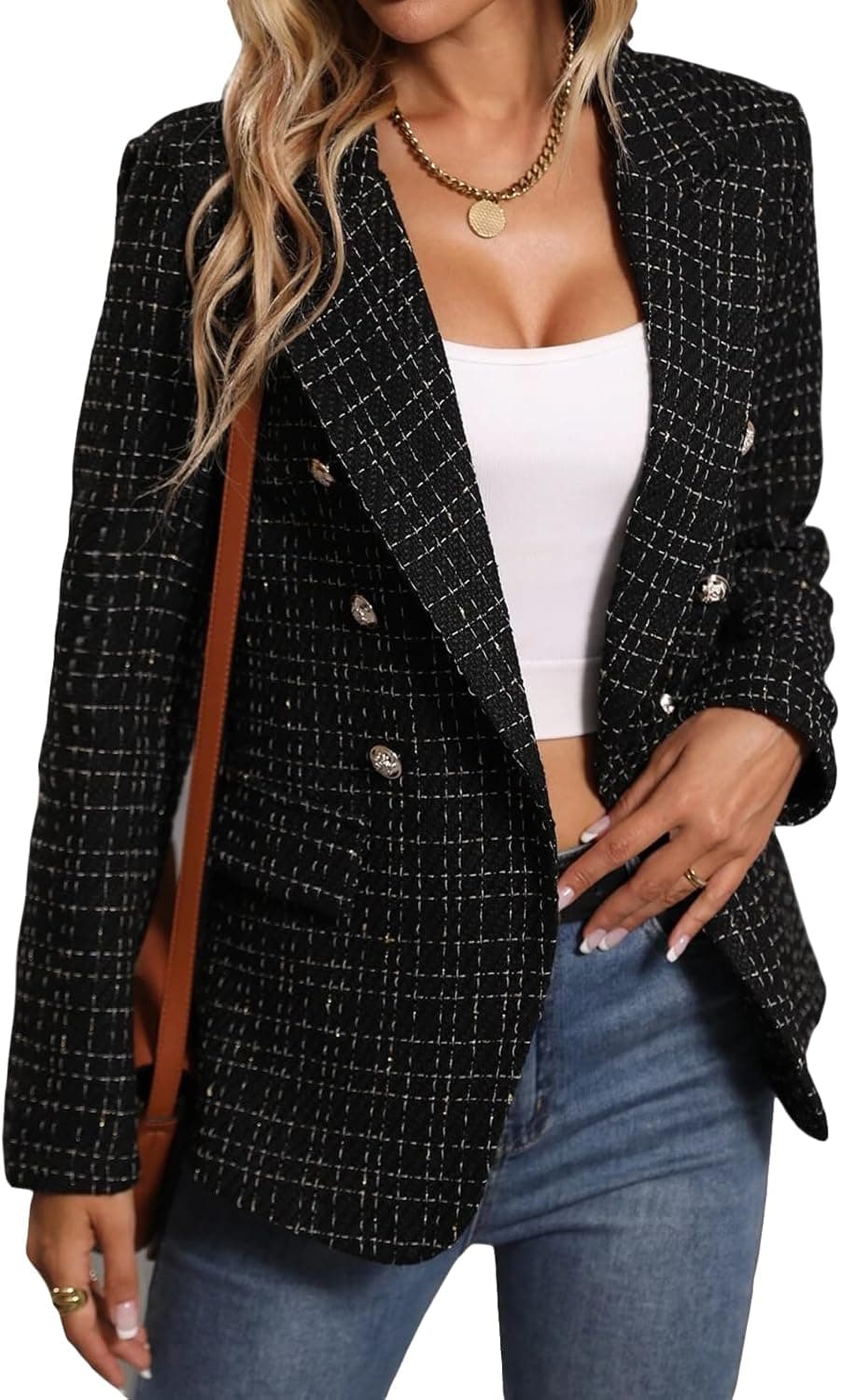 Mina Self Tweed Plaid Blazer - Fully Lined Professional Jacket - Image 1