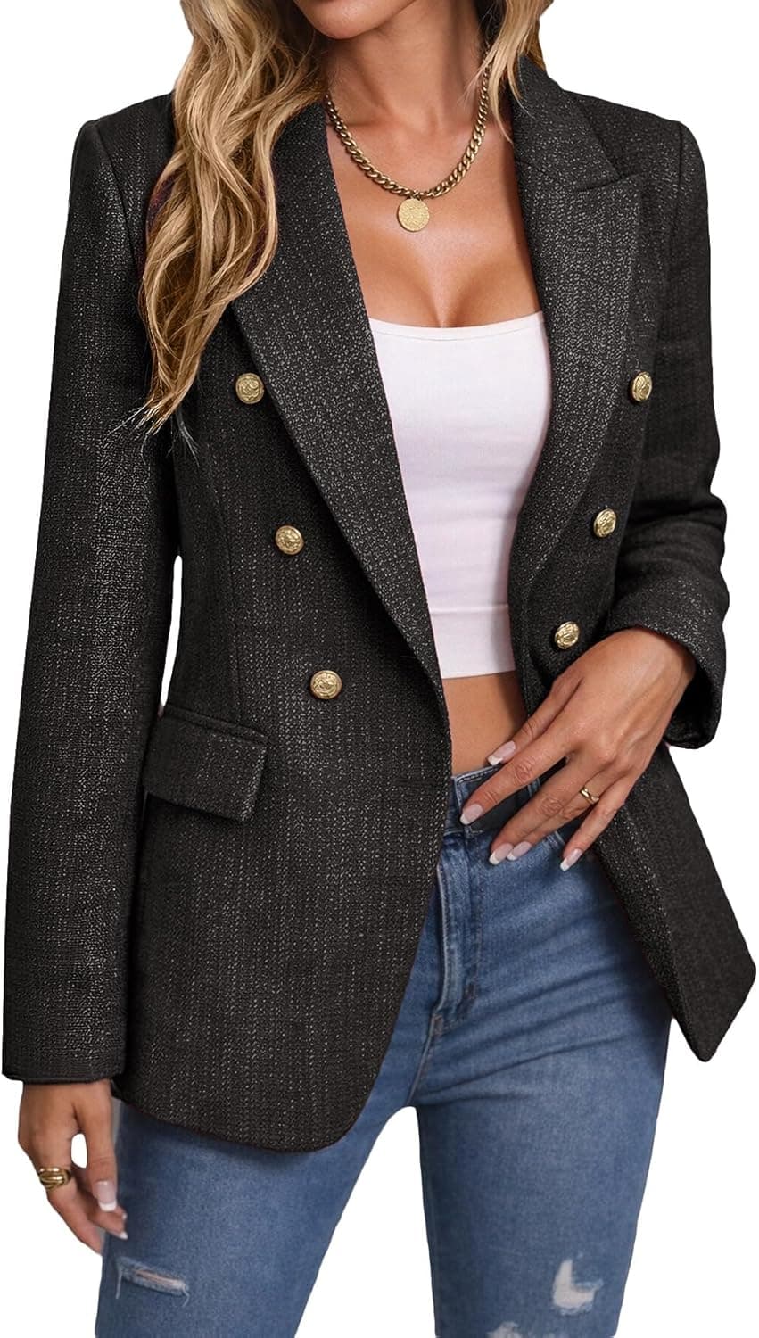 Mina Self Plaid Tweed Blazer - Lined Work Jacket with Pockets - Image 1