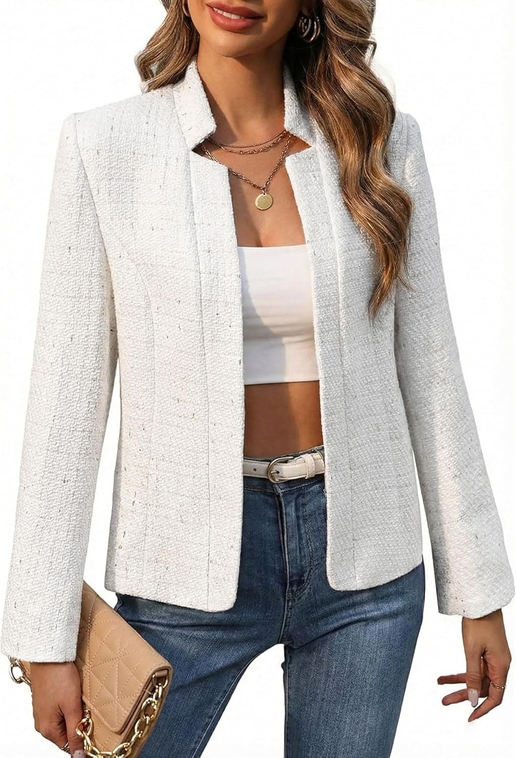 Mina Self Tweed Plaid Open Front Blazer - Image 1