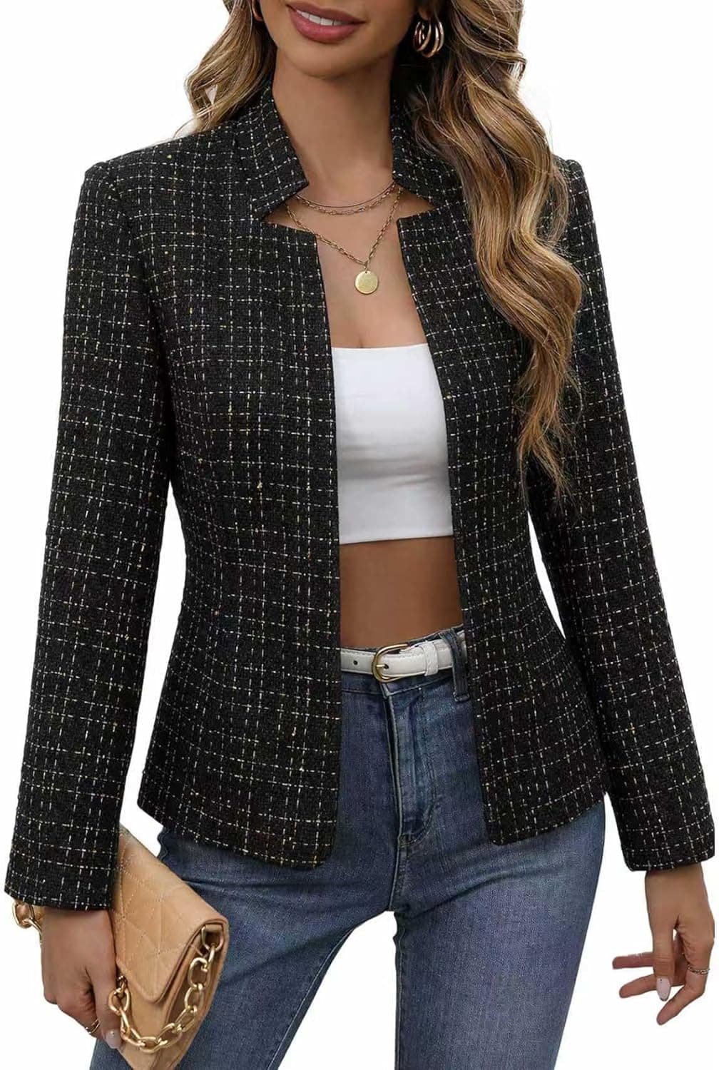 Mina Self Spring Tweed Plaid Blazer - Open Front Professional Jacket - Image 1