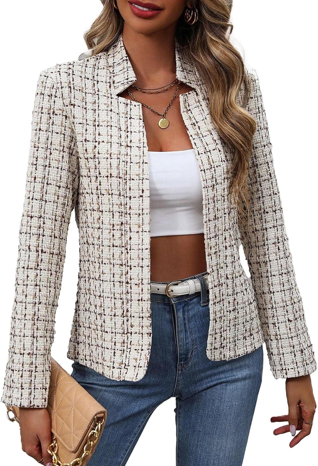 Mina Self Tweed Plaid Blazer - Spring Open Front Jacket - Image 1