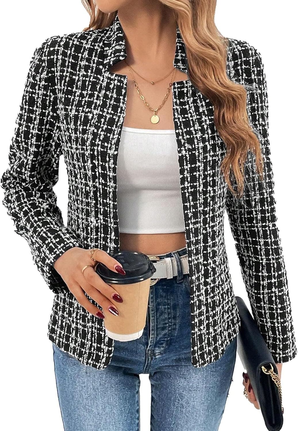 Mina Self Tweed Plaid Blazer - Open Front Stand Collar Jacket - Image 1