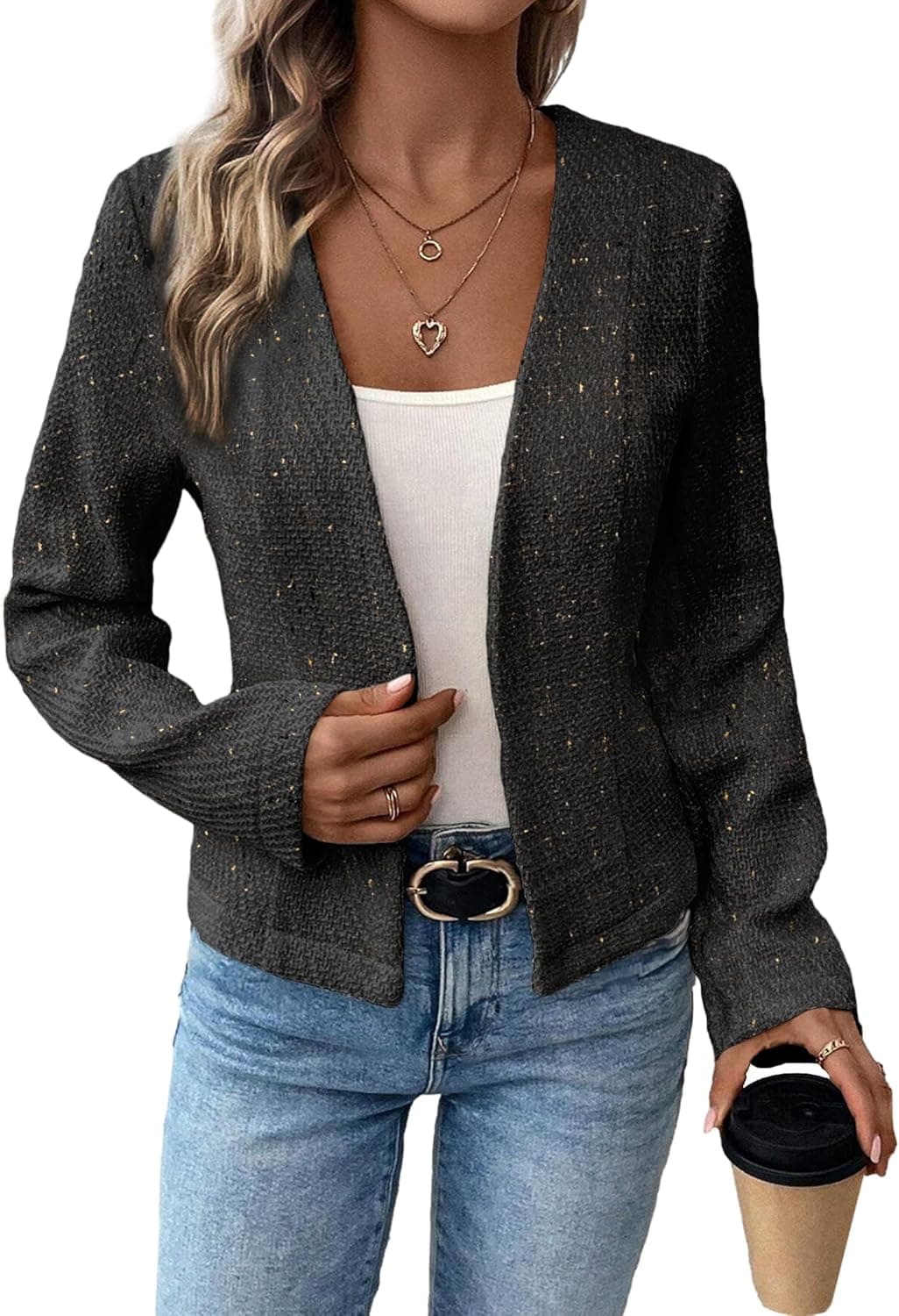 Mina Self Collarless Tweed Blazer - Open Front Fitted Jacket - Image 1