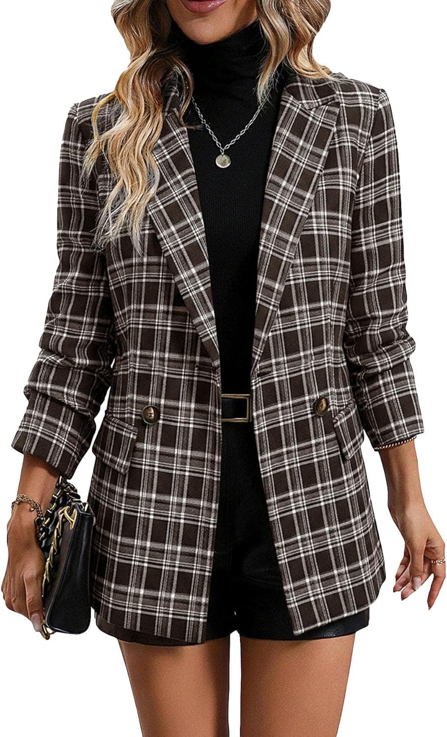 Mina Self Houndstooth Plaid Blazer - Structured Work Jacket - Image 1