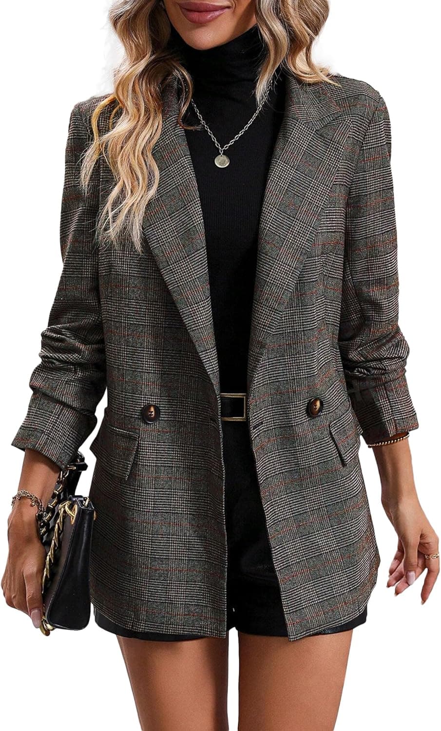 Mina Self Houndstooth Plaid Blazer - Fully Lined Office Jacket - Image 1