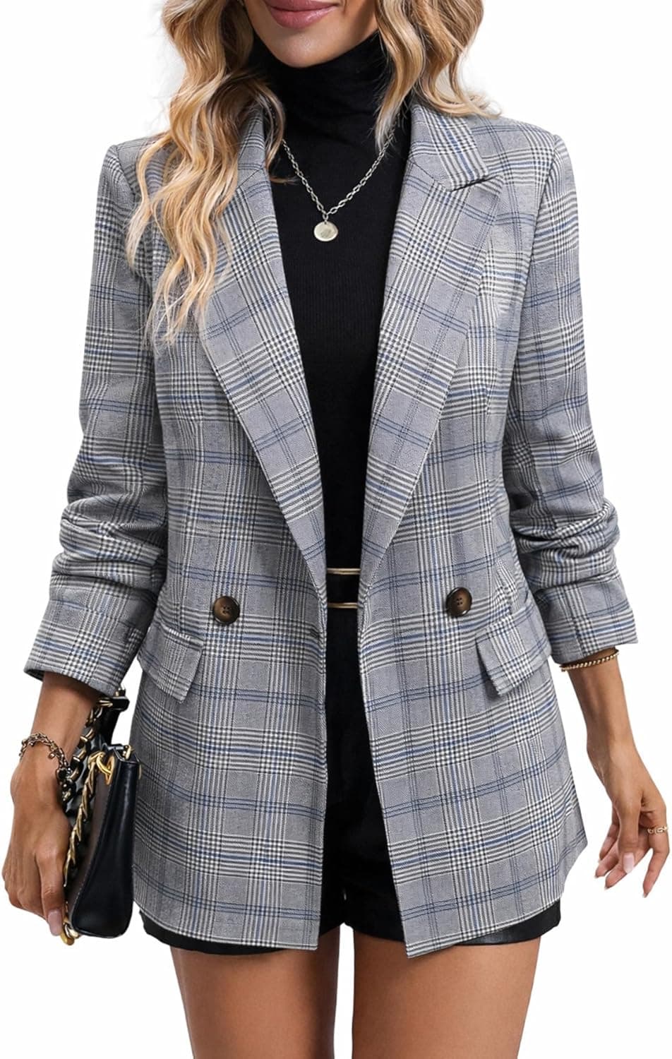 Mina Self Houndstooth Plaid Blazer - Classic Button-Front Jacket - Image 1