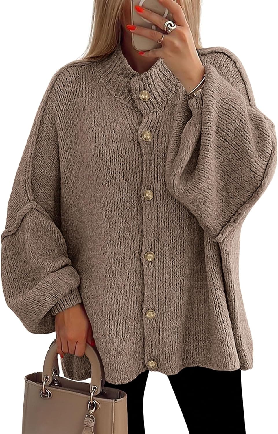 PRETTYGARDEN Mock Neck Chunky Knit Cardigan with Lantern Sleeves - Image 1