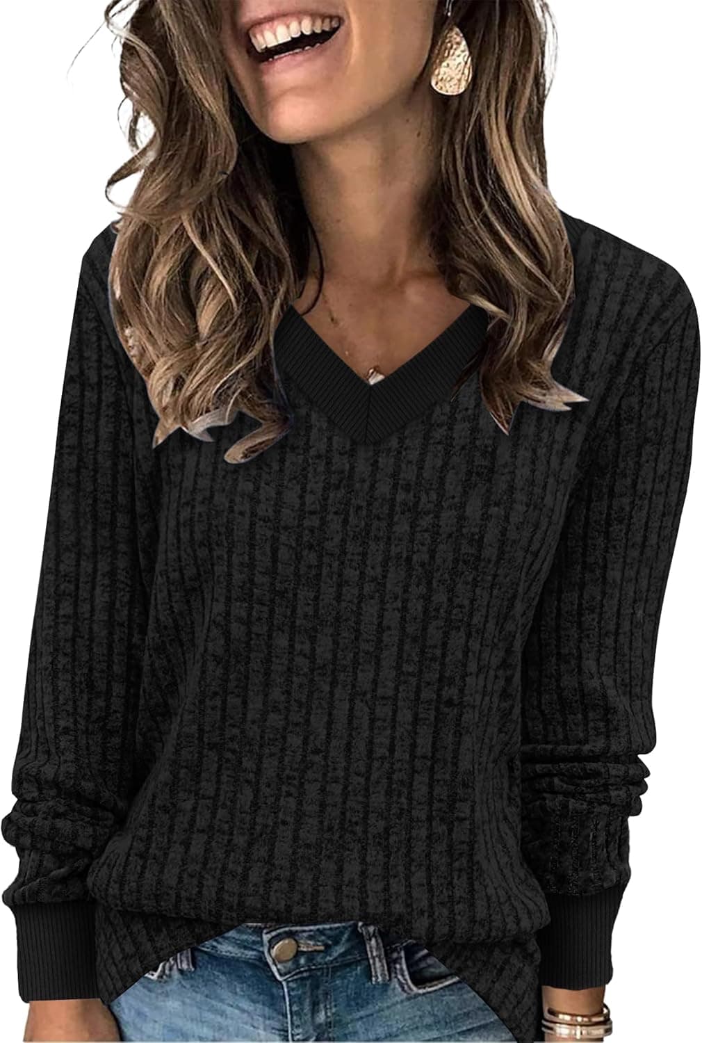 Sampeel V-Neck Color Block Tunic Sweater - Long Sleeve Fall Top - Image 1