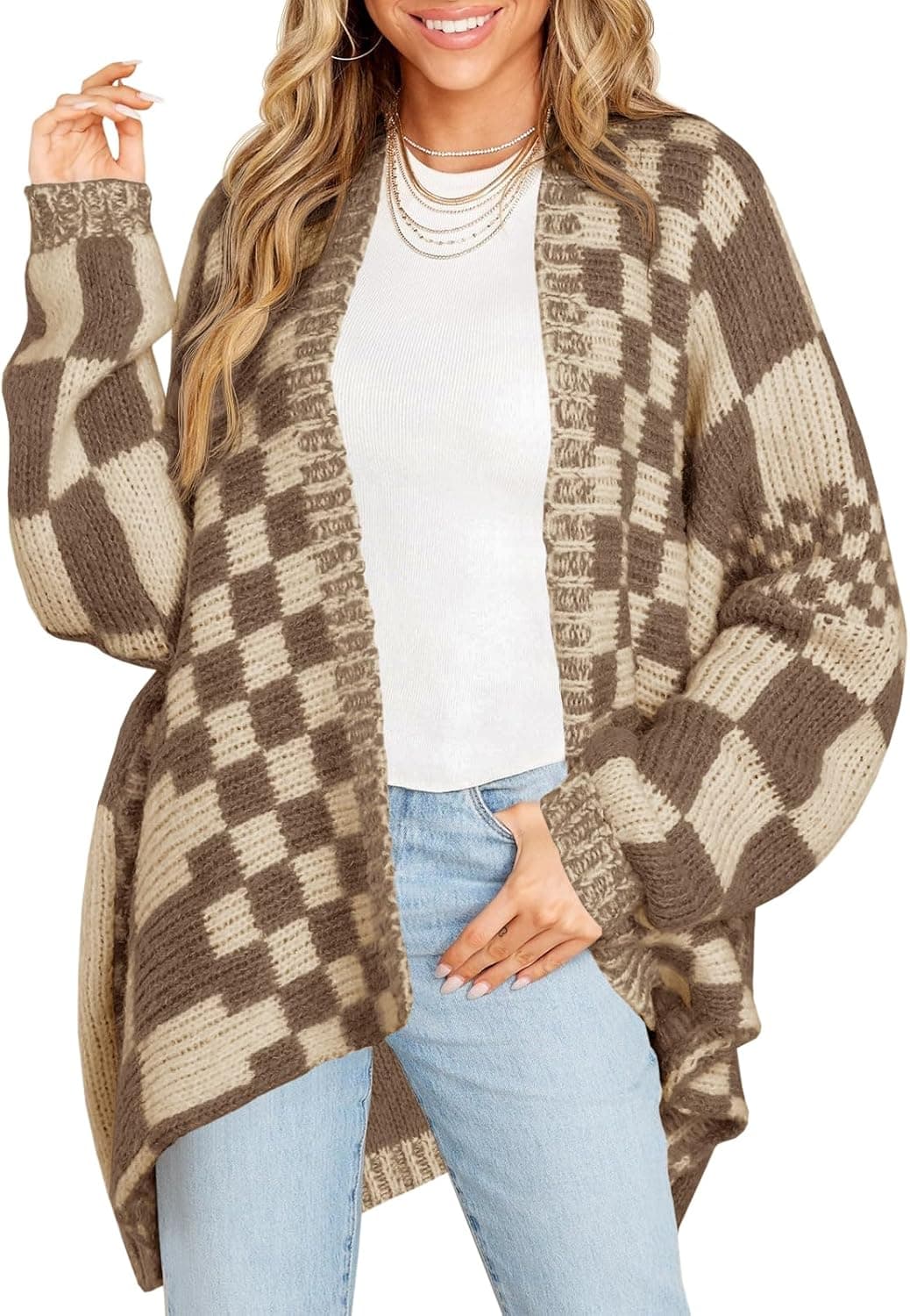Saodimallsu Checkered Open-Front Cardigan - Oversized Plaid Knit - Image 1