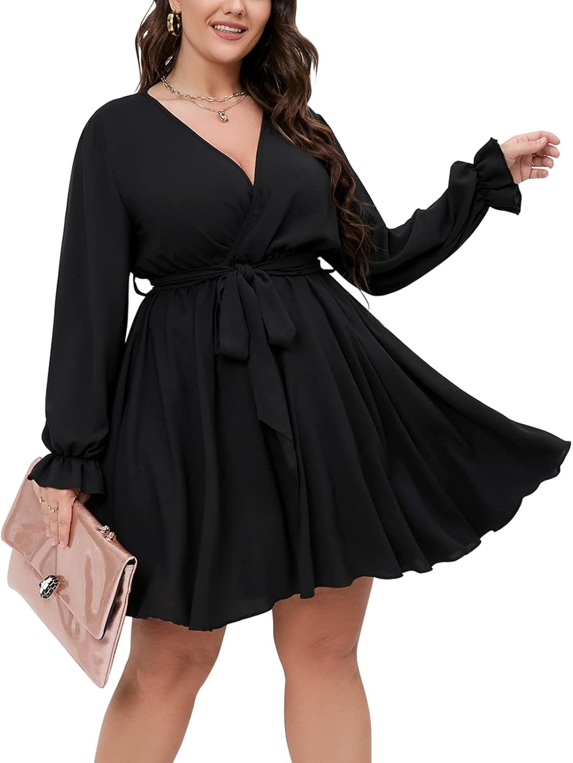 SCOMCHIC Plus Size Wrap V-Neck Tie Waist A-Line Mini Dress - Image 1
