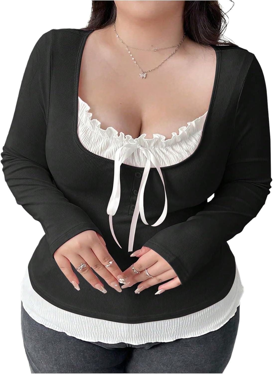 SOLY HUX Plus Size Tie Front Long Sleeve Tee - Image 1