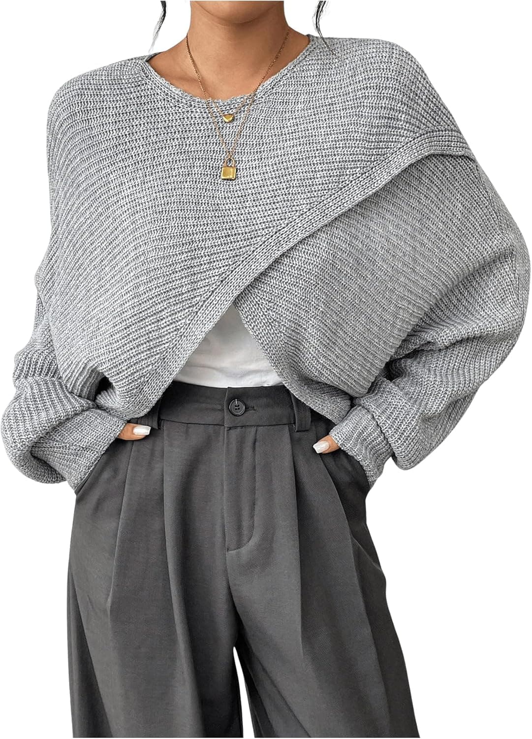 Verdusa Asymmetric Wrap Sweater with Puff Sleeves - Image 1