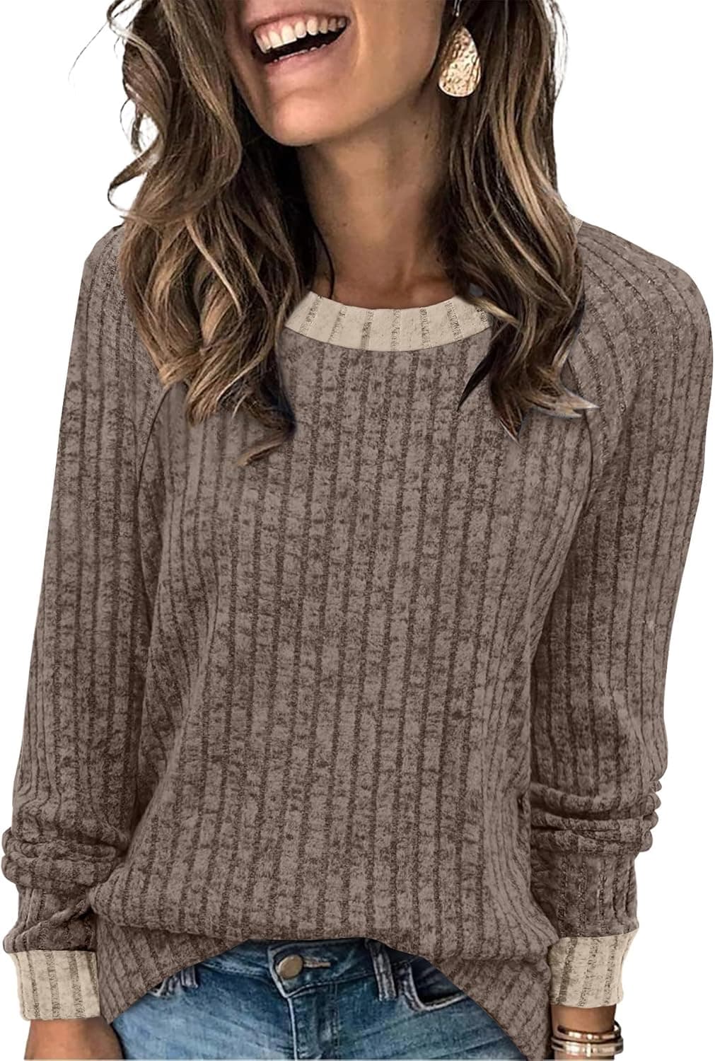 WIHOLL Color Block Lightweight Sweater - Khaki - Image 1