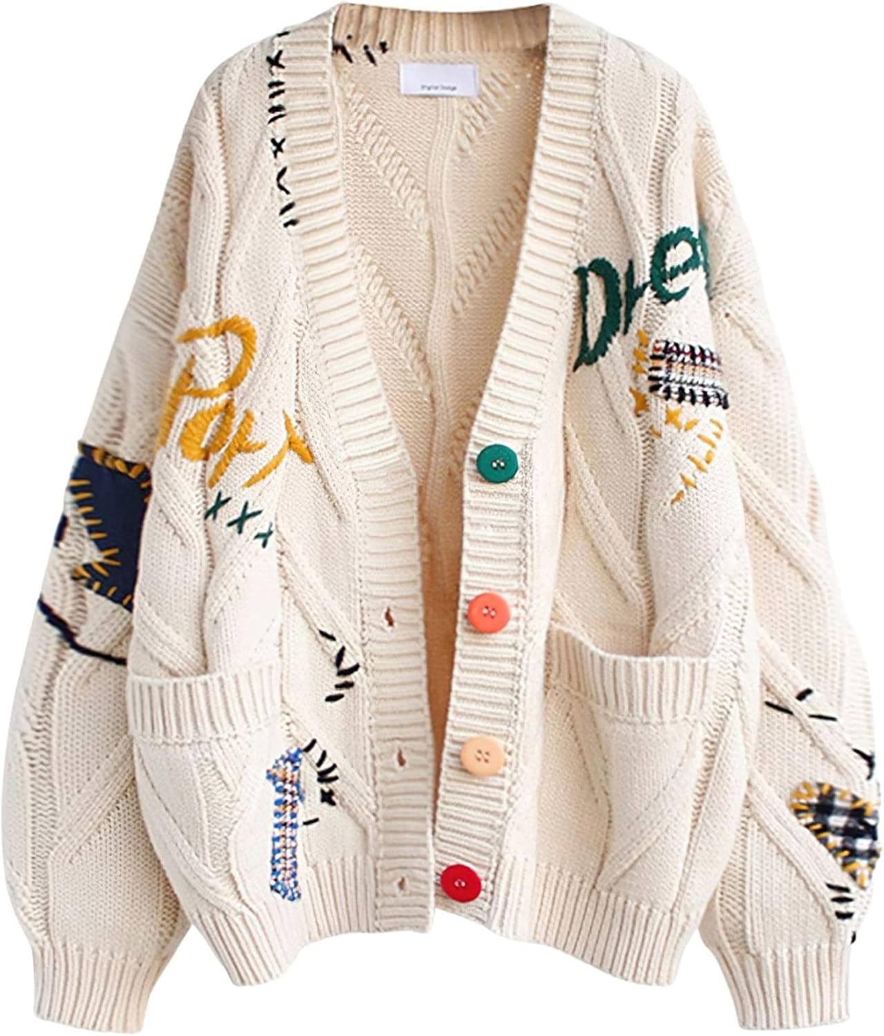 Ebossy Cable Knit Sheep Embroidered Wool Blend Cardigan - Image 1