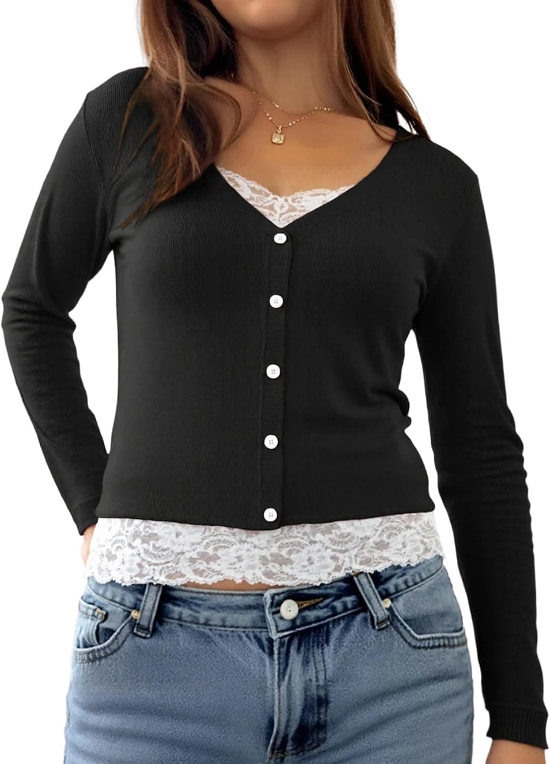 EMMIOL Lace Panel Henley Long Sleeve Top in Black - Image 1