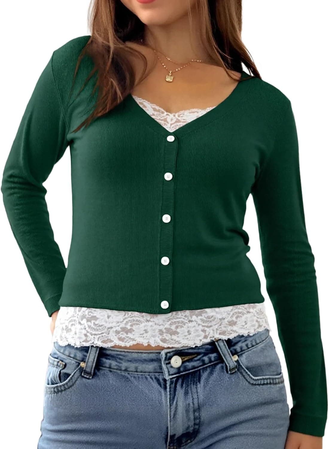 EMMIOL Paneled Lace Henley Top - Y2K Style Long Sleeve Blouse - Image 1