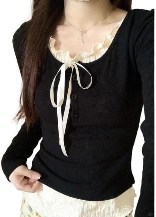 Tooe Fairycore Lace Crop Top with Bow Tie Detail - Image 1