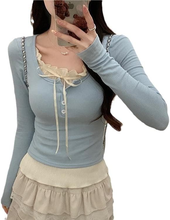 Tooe Lace Patchwork Crop Top - Y2K Coquette Baby Tee with Bow Details - Image 1